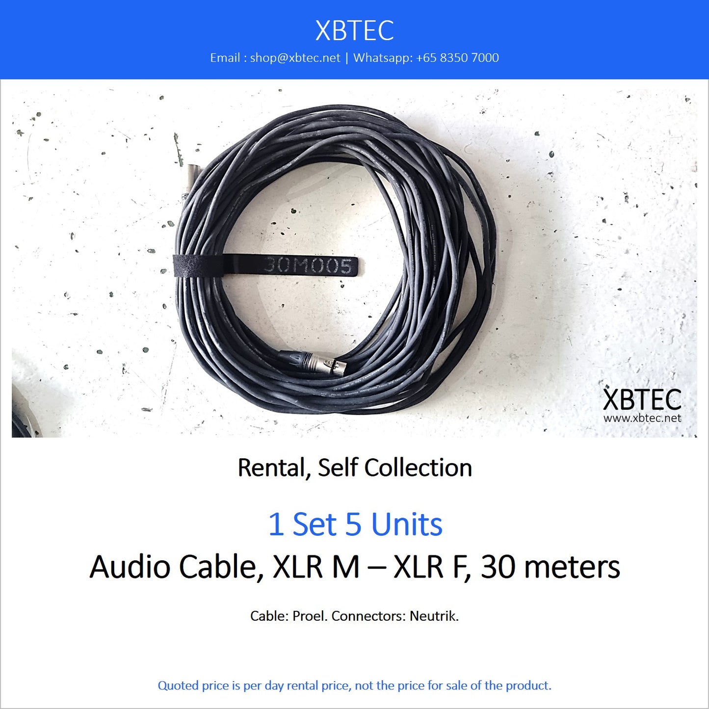 (Rental, Self Collection) Audio Cable, XLR M – XLR F, 30 meters