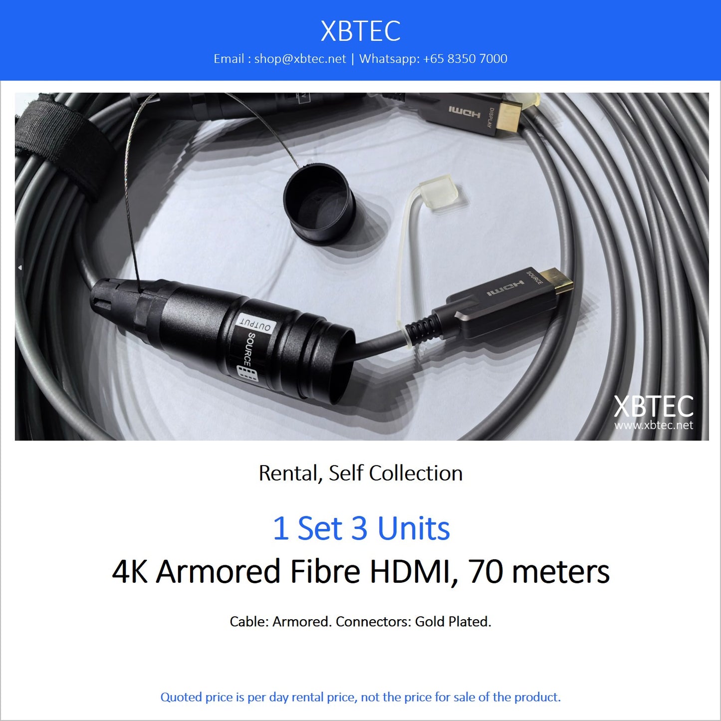 (Rental, Self Collection) 4K Armored Fibre HDMI, 70 meters