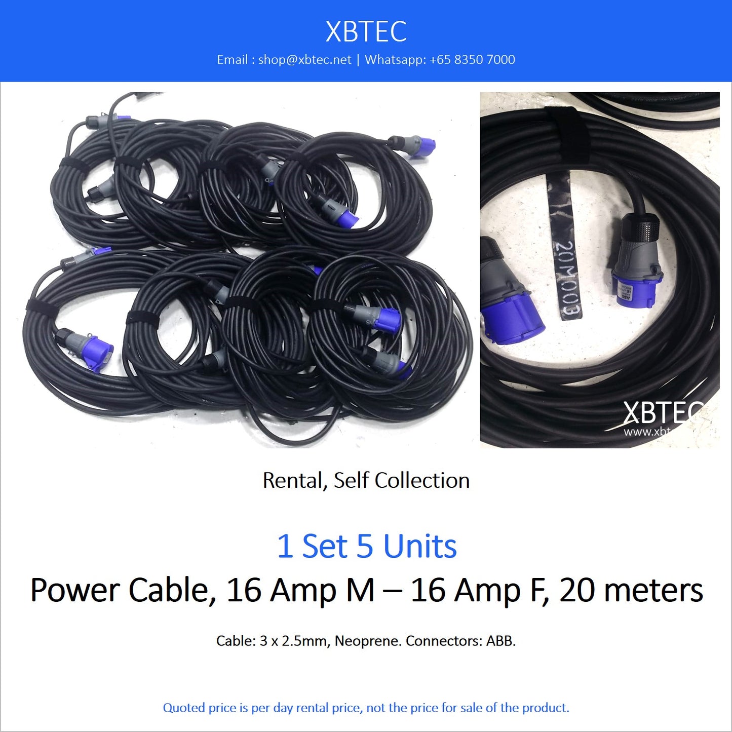 (Rental, Self Collection) Power Cable, 16 Amp M – 16 Amp F, 20 Meter