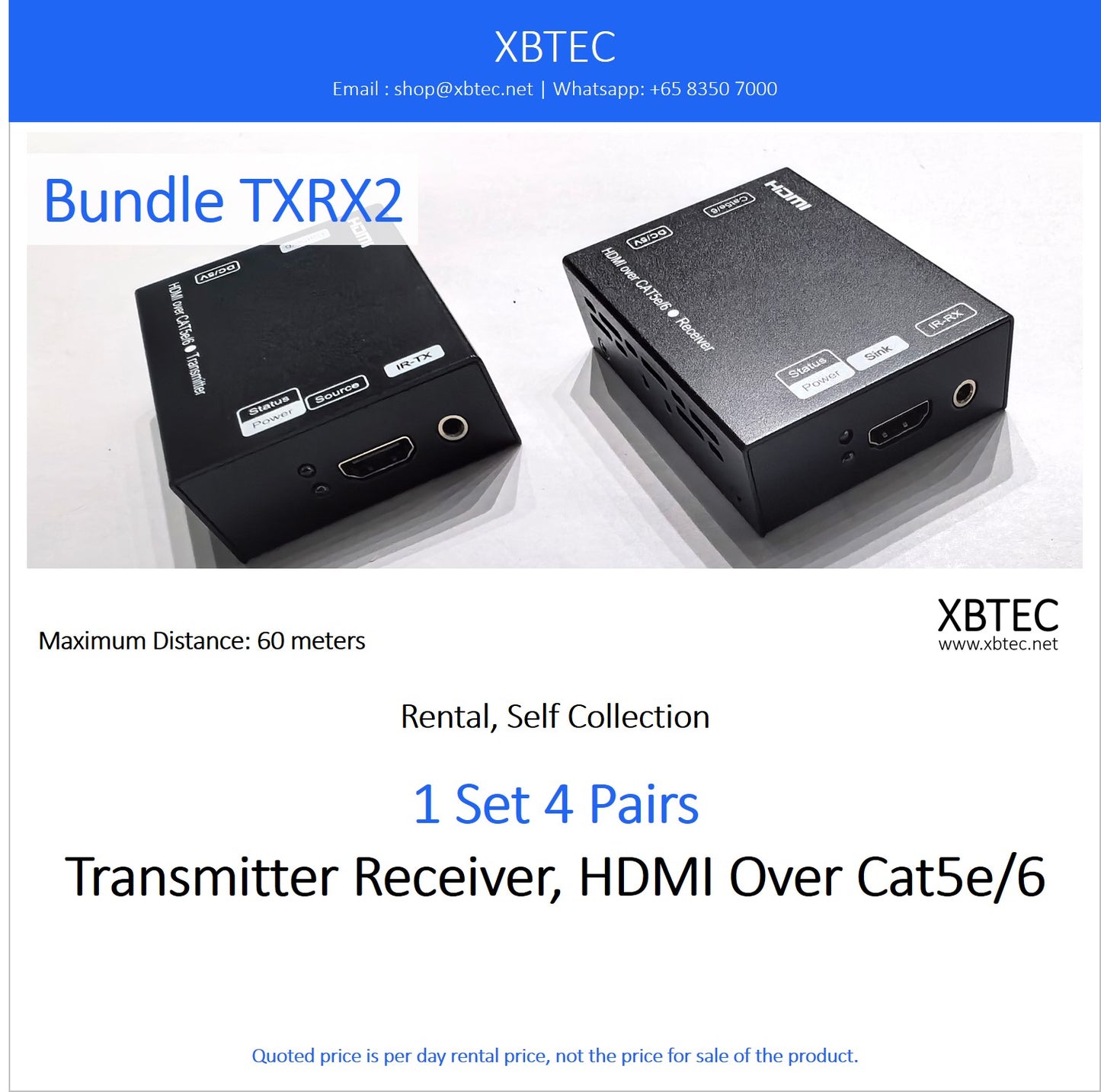 (Rental, Self Collection) Bundle TXRX02. Transmitter Receiver, HDMI Over Cat5e/6.
