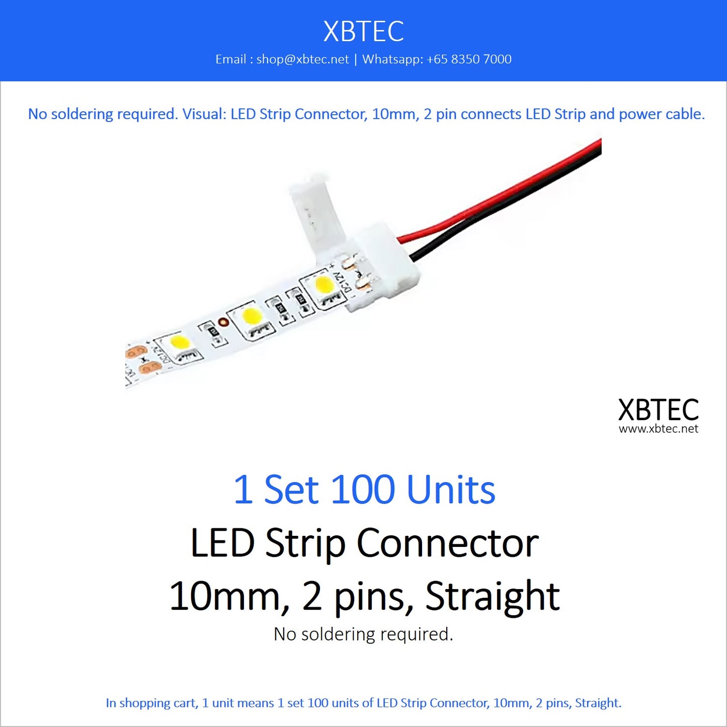 LED Strip Connector, 10mm, 2 pins, Straight