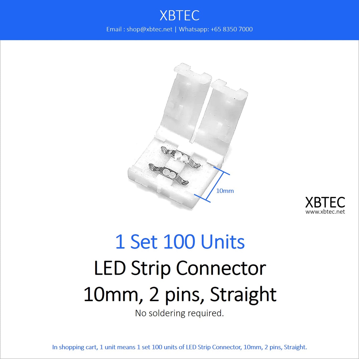 LED Strip Connector, 10mm, 2 pins, Straight