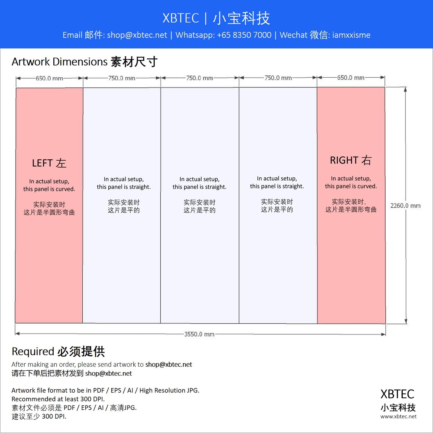 Pop Up Backdrop, Single Side, Straight. Front, 3 Graphic Panels. Sides, 2 Graphic Panels. 弹出式背景墙, 单面, 直. 前, 3 片画面. 侧. 2 片画面.