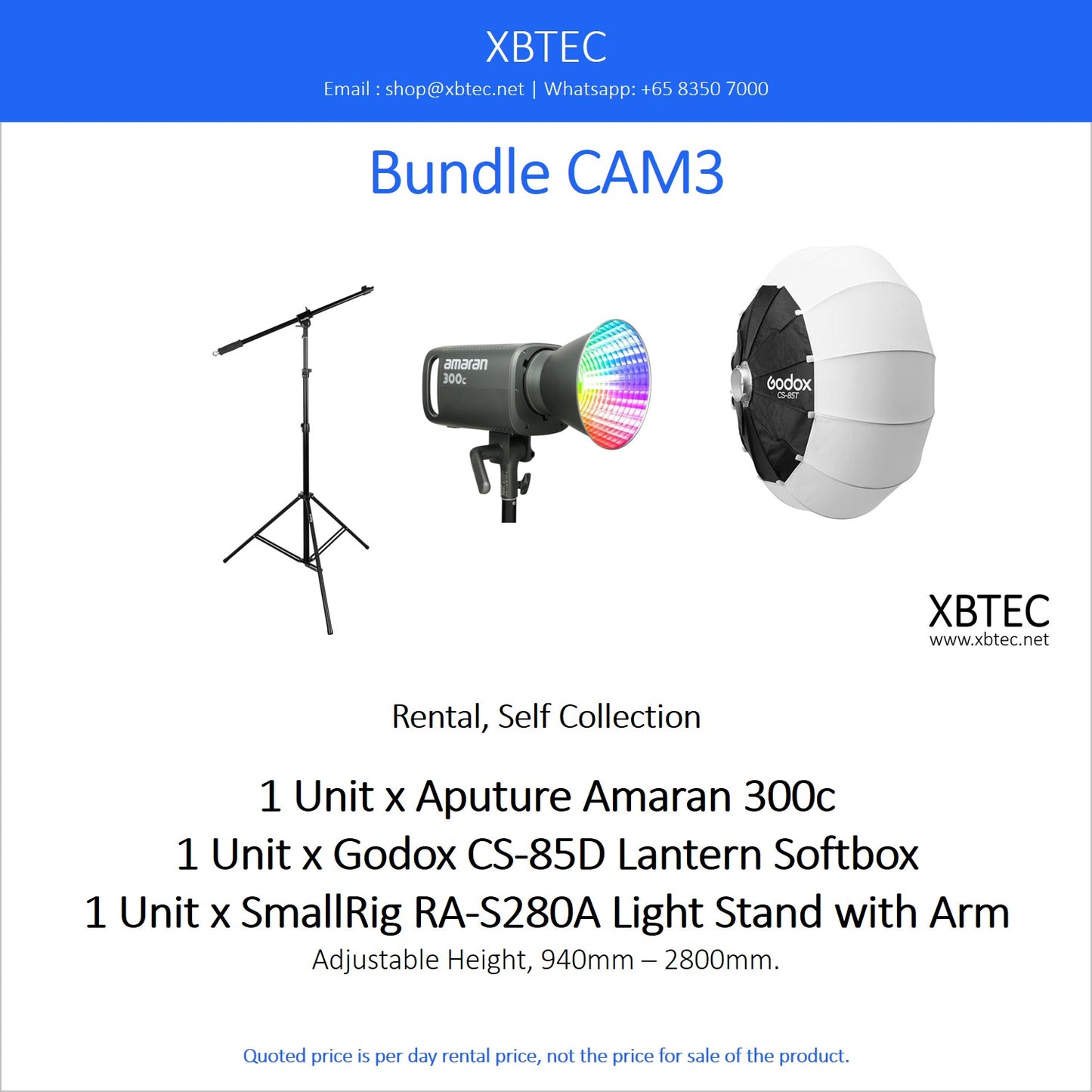 (Rental, Self Collection) Bundle CAM03. Aputure Amaran 300c. Godox CS-85D Lantern Softbox. SmallRig RA-S280A Camera Light Stand with Arm.