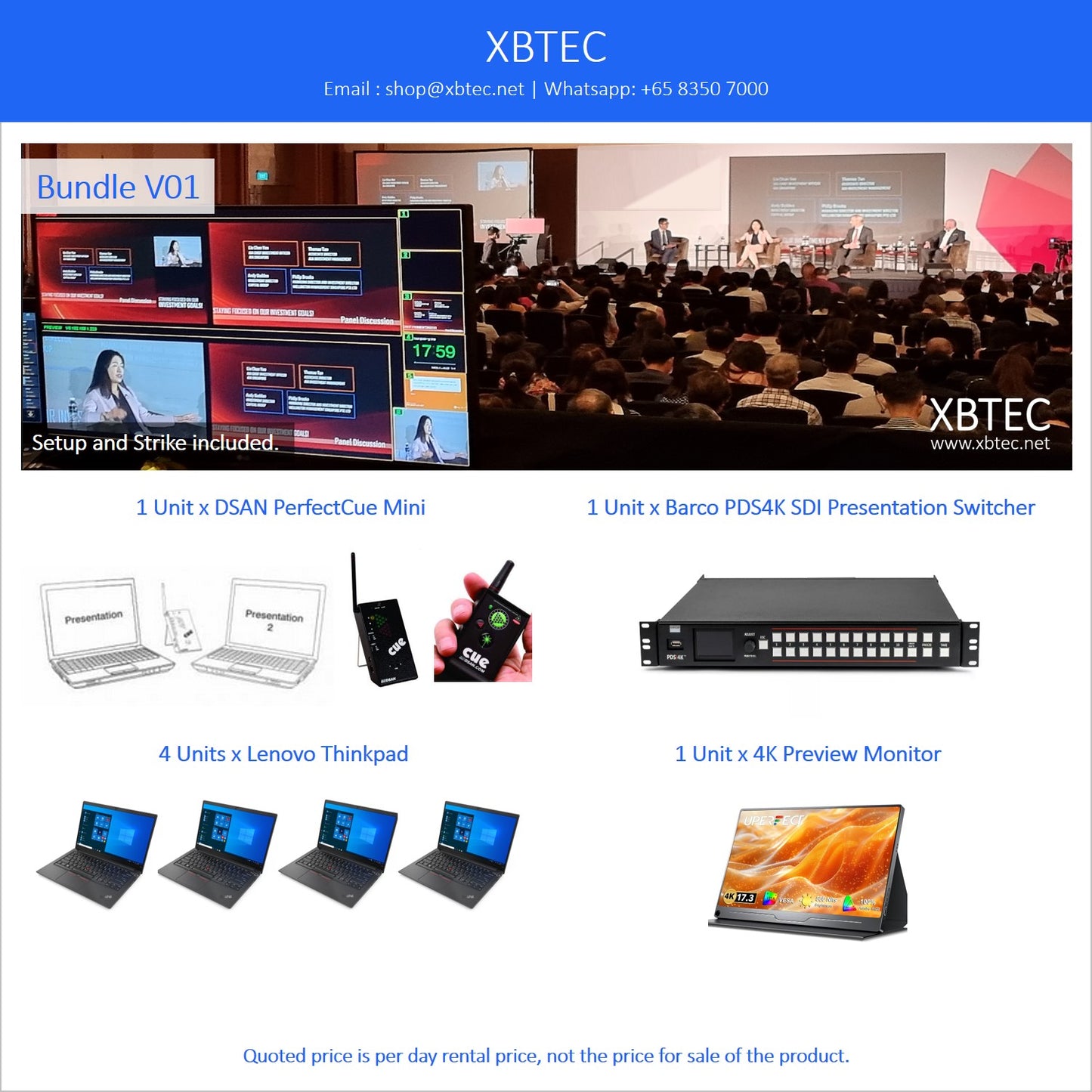 (Rental, Setup and Strike Included) Bundle V01. Barco PDS4K SDI Presentation Switcher. DSAN PerfectCue Mini Conference Clicker. Lenovo Thinkpad Laptop. Preview Monitor.