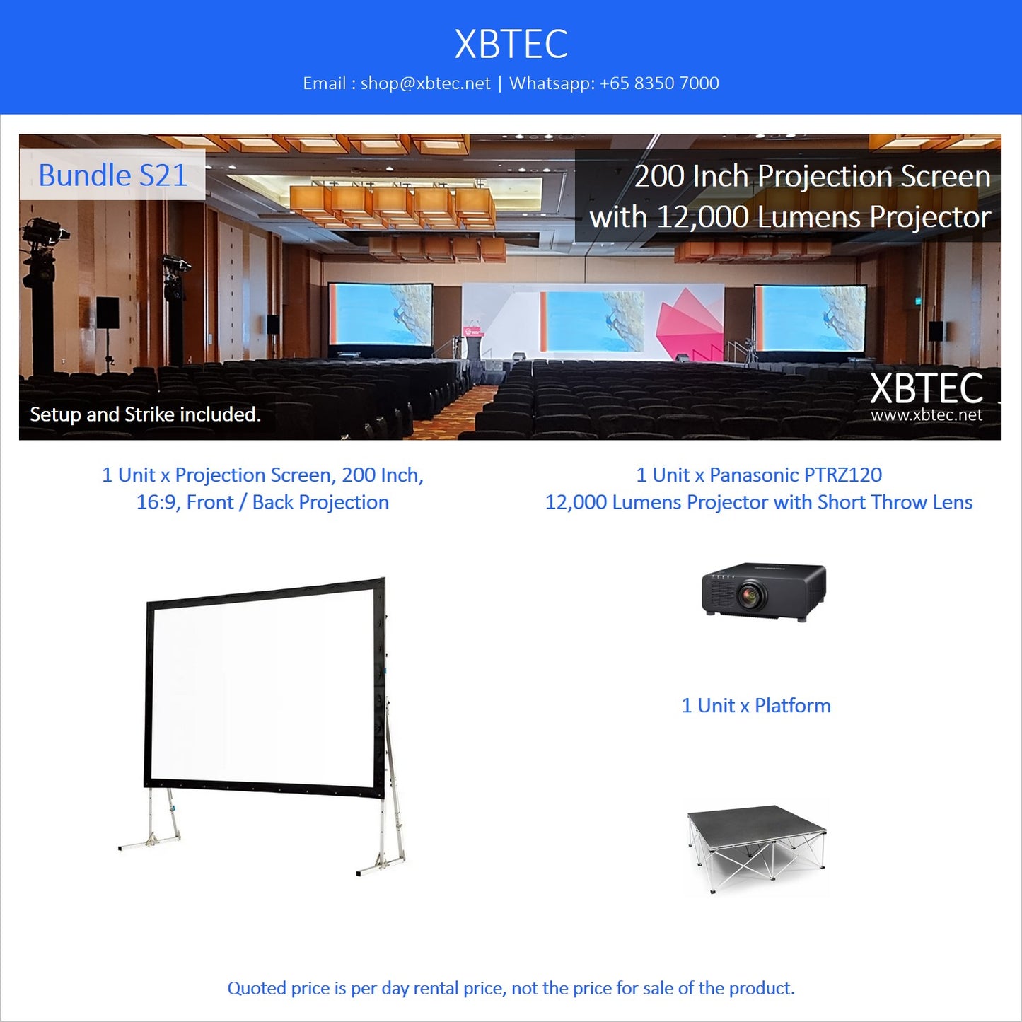 (Rental, Setup and Strike Included) Bundle S21. 200 Inch Projection Screen. 12,000 Lumens Projector with Short Throw Lens.