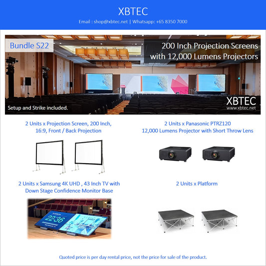 (Rental, Setup and Strike Included) Bundle S22. 200 Inch Projection Screen. 12,000 Lumens Projector with Short Throw Lens. 43 Inch Down Stage Confidence Monitor.