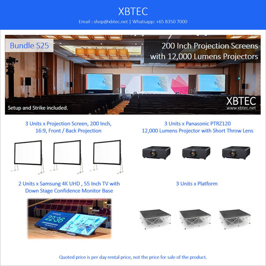 (Rental, Setup and Strike Included) Bundle S25. 200 Inch Projection Screen. 12,000 Lumens Projector with Short Throw Lens. 55 Inch Down Stage Confidence Monitor.