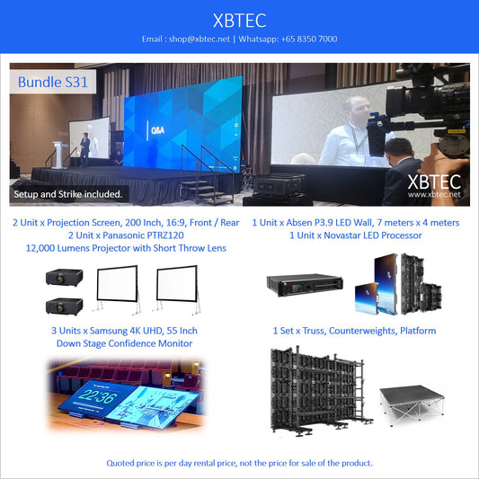 (Rental, Setup and Strike Included) Bundle S31. Absen P3.9 LED Wall, 7 Meters x 4 Meters. 200 Inch Projection Screen. 12,000 Lumens Projector. 55 Inch Down Stage Confidence Monitor.