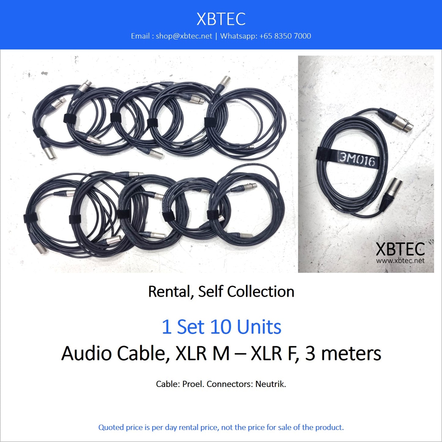 (Rental, Self Collection) Audio Cable, XLR M – XLR F, 3 meters