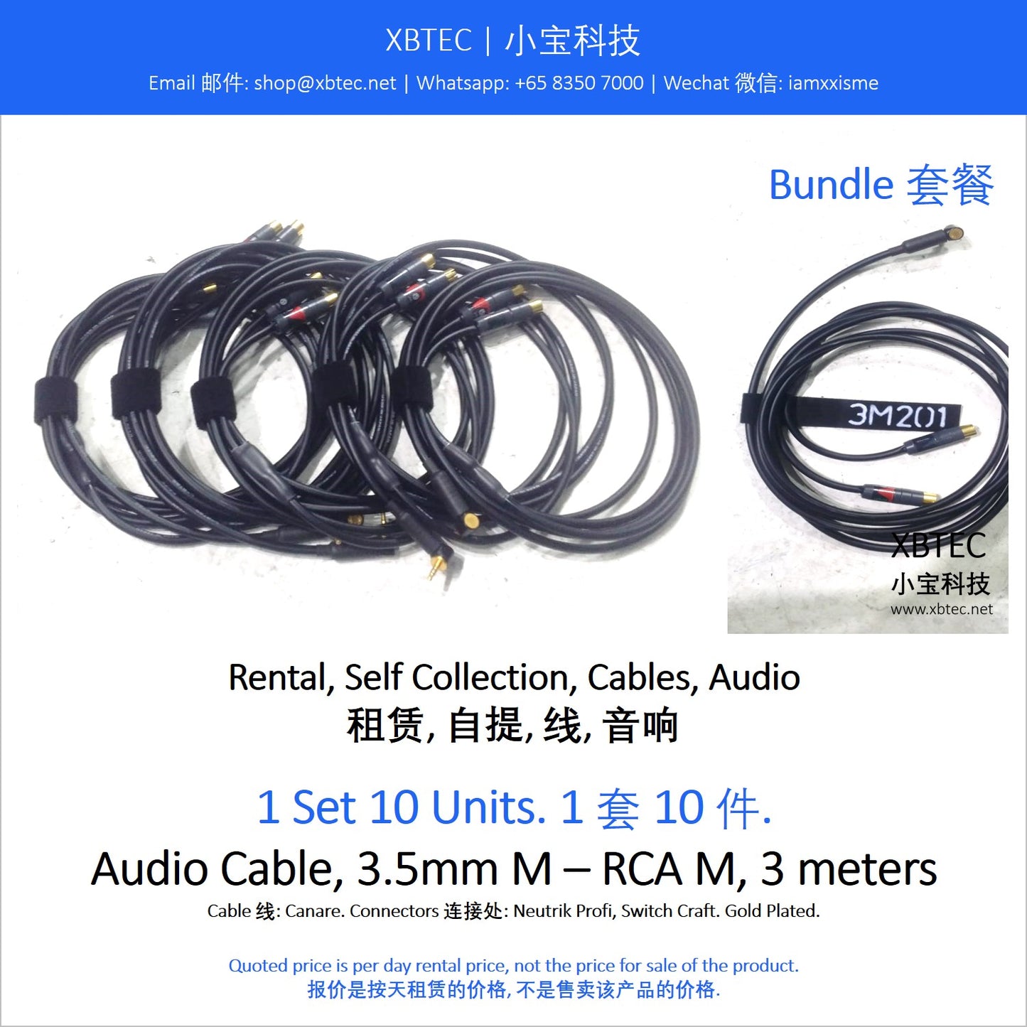(Rental, Self Collection, Cables, Audio | 租赁, 自提, 线, 音响) Audio Cable, 3.5mm M – RCA M, 3 meters