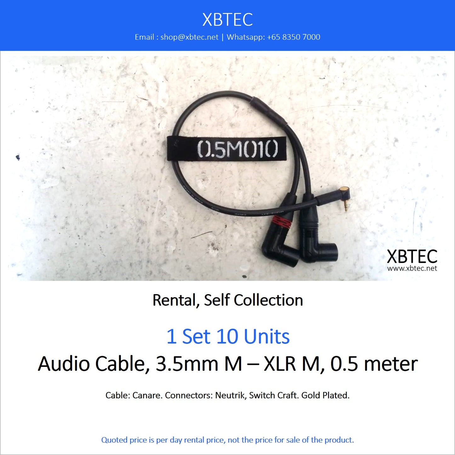 (Rental, Self Collection) Audio Cable, 3.5mm M - XLR M, 0.5 meter
