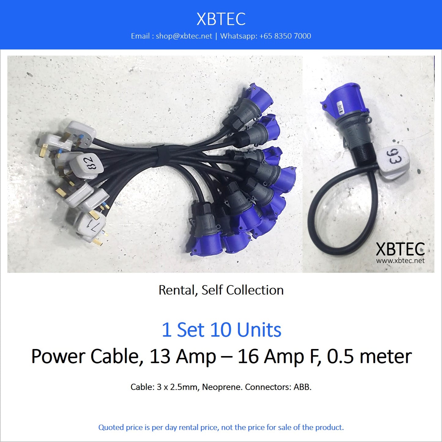 (Rental, Self Collection) Power Cable, 13 Amp – 16 Amp F, 0.5 meter