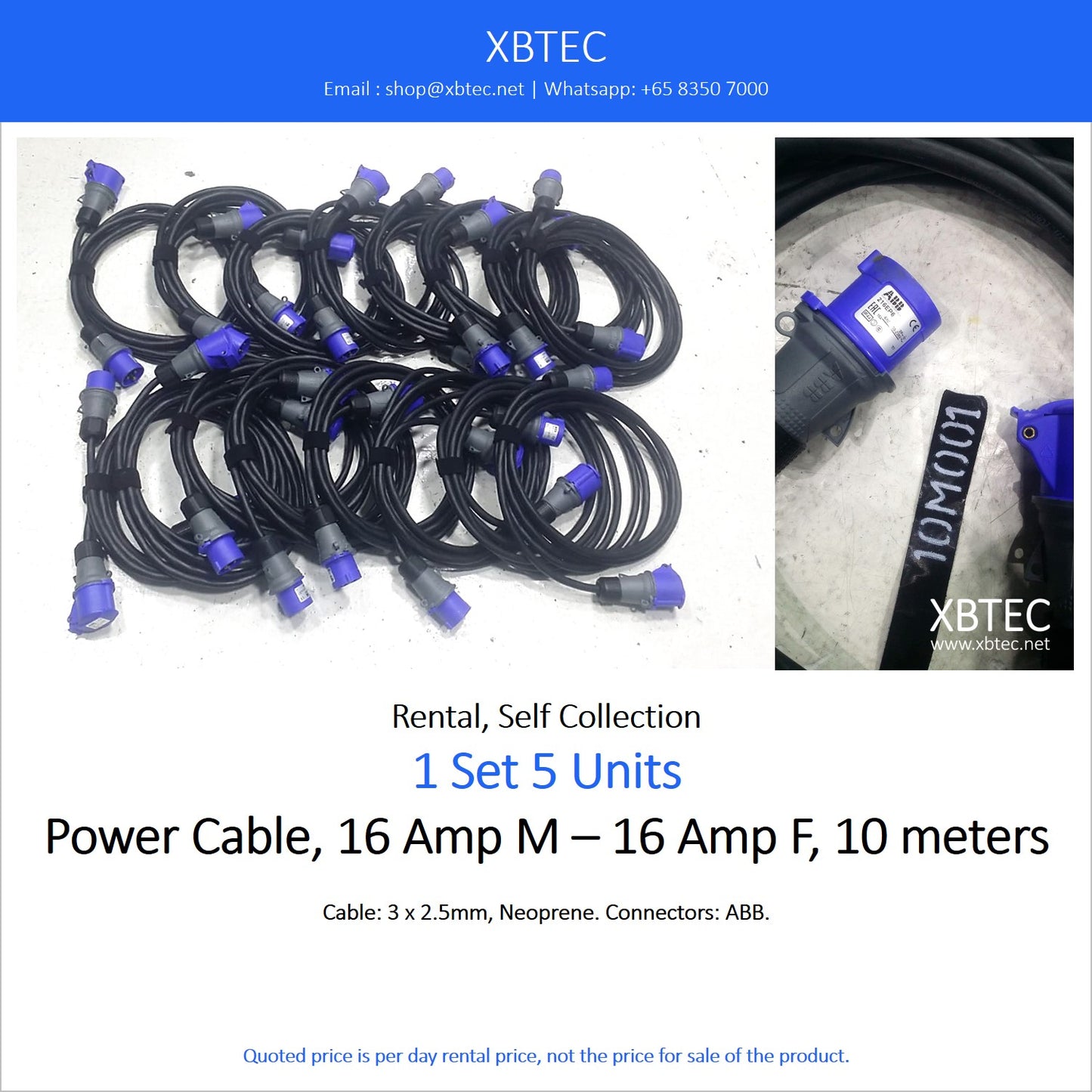 (Rental, Self Collection) Power Cable, 16 Amp M – 16 Amp F, 10 Meters