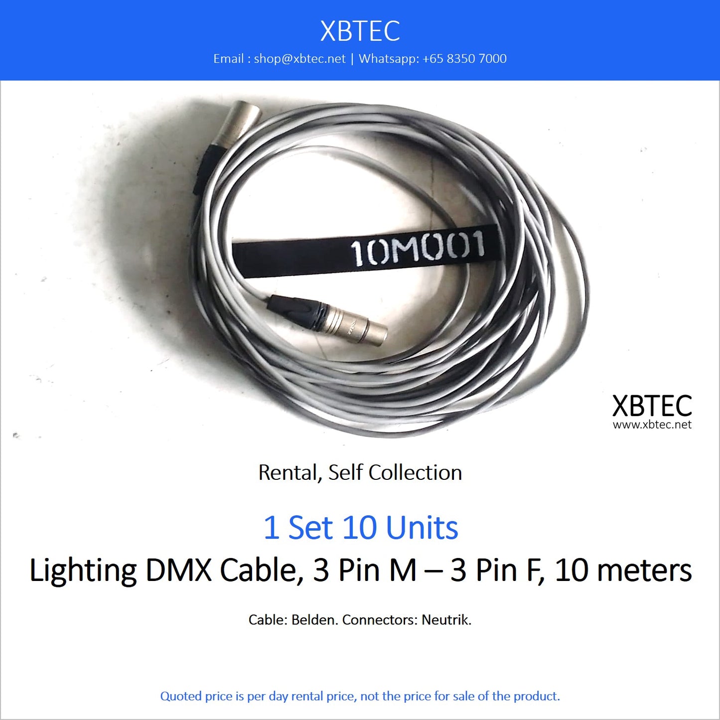 (Rental, Self Collection) Lighting DMX Cable, 3 Pin M - 3 Pin F, 10 meters