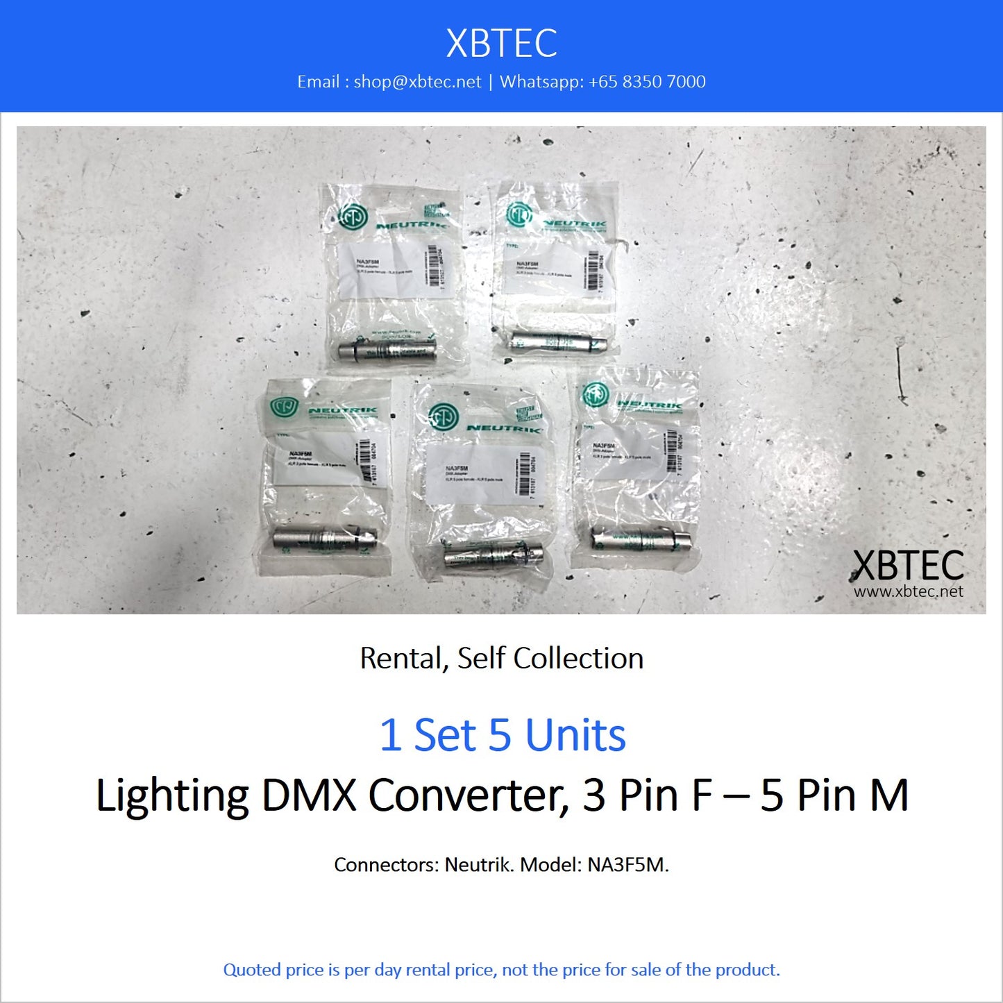 (Rental, Self Collection) Lighting DMX Converter, 3 Pin F – 5 Pin M