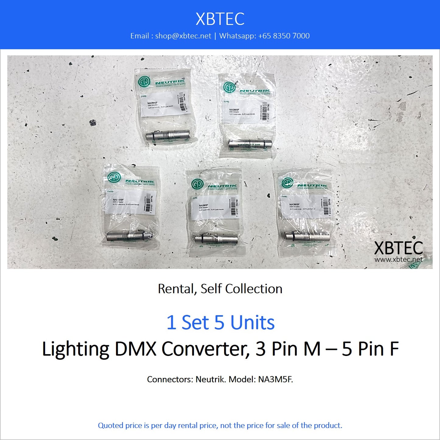 (Rental, Self Collection) Lighting DMX Converter, 3 Pin M – 5 Pin F