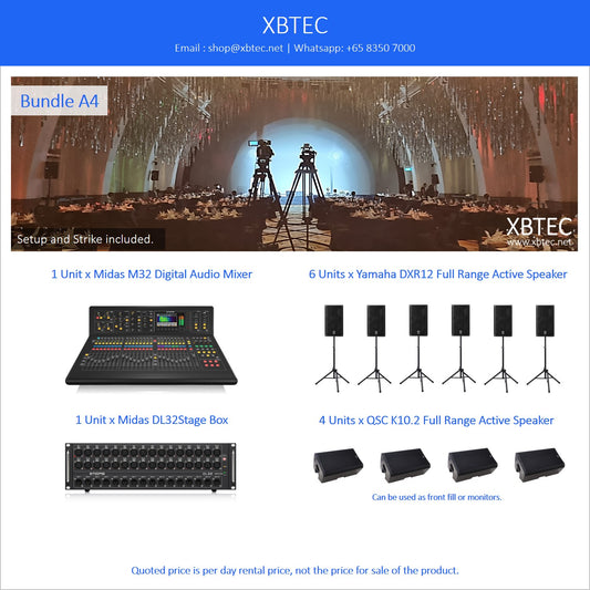 (Rental, Setup and Strike Included) Bundle A4. Midas M32 Live Digital Audio Mixer. Midas DL32 Stage Box. Yamaha DXR12 Active Speaker. QSC K10.2 Active Monitor.