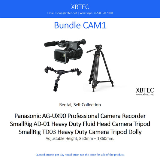 (Rental, Self Collection) Bundle CAM01. Panasonic AG-UX90 Professional Camera Recorder. SmallRig AD-01 Heavy Duty Fluid Head Camera Tripod. SmallRig TD03 Heavy Duty Camera Tripod Dolly.