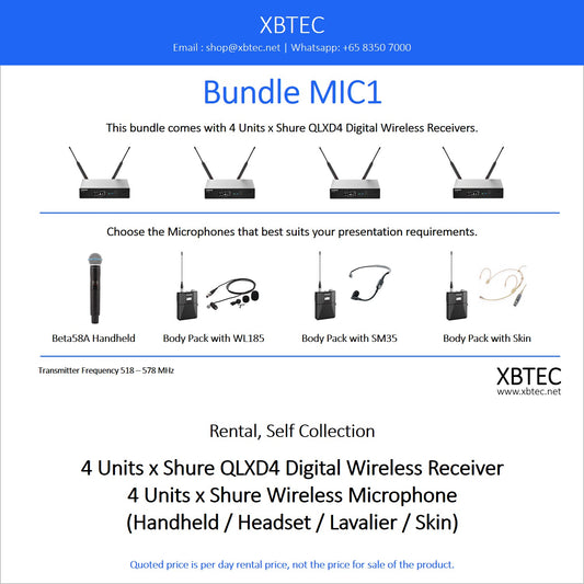 (Rental, Self Collection) Bundle MIC01. Shure QLXD4 Digital Wireless Receivers. Choice of Shure Microphones.