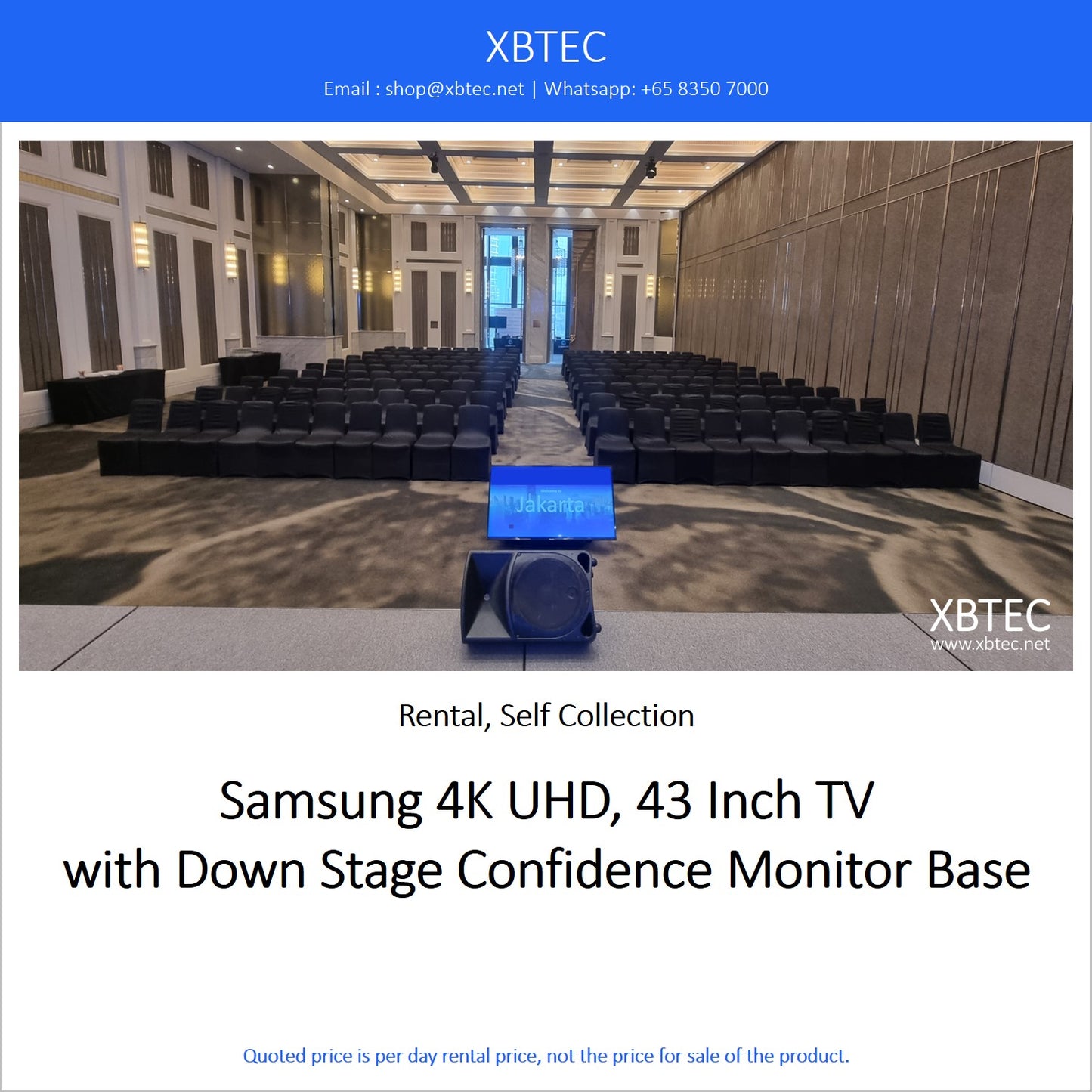 (Rental, Self Collection) Samsung 4K UHD, 43 Inch TV with Down Stage Confidence Monitor Base