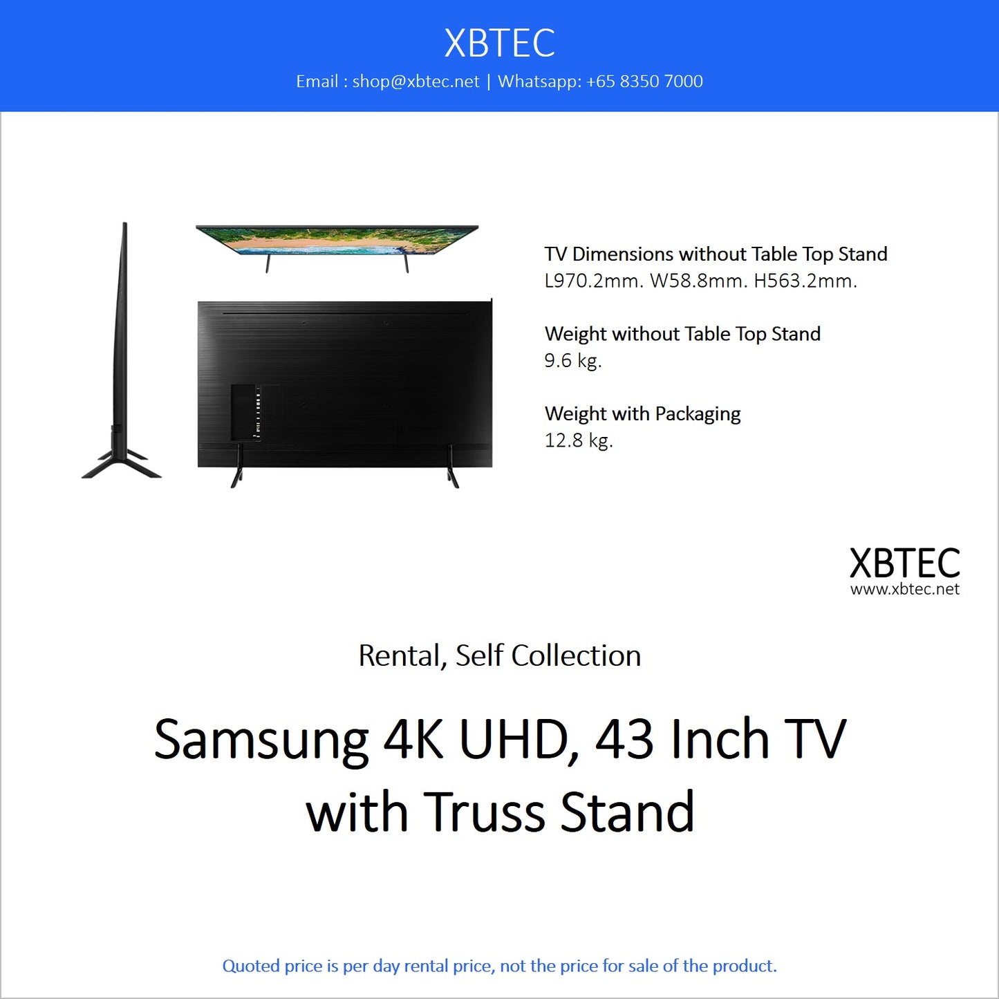 (Rental, Self Collection) Samsung 4K UHD, 43 Inch TV with Truss Stand