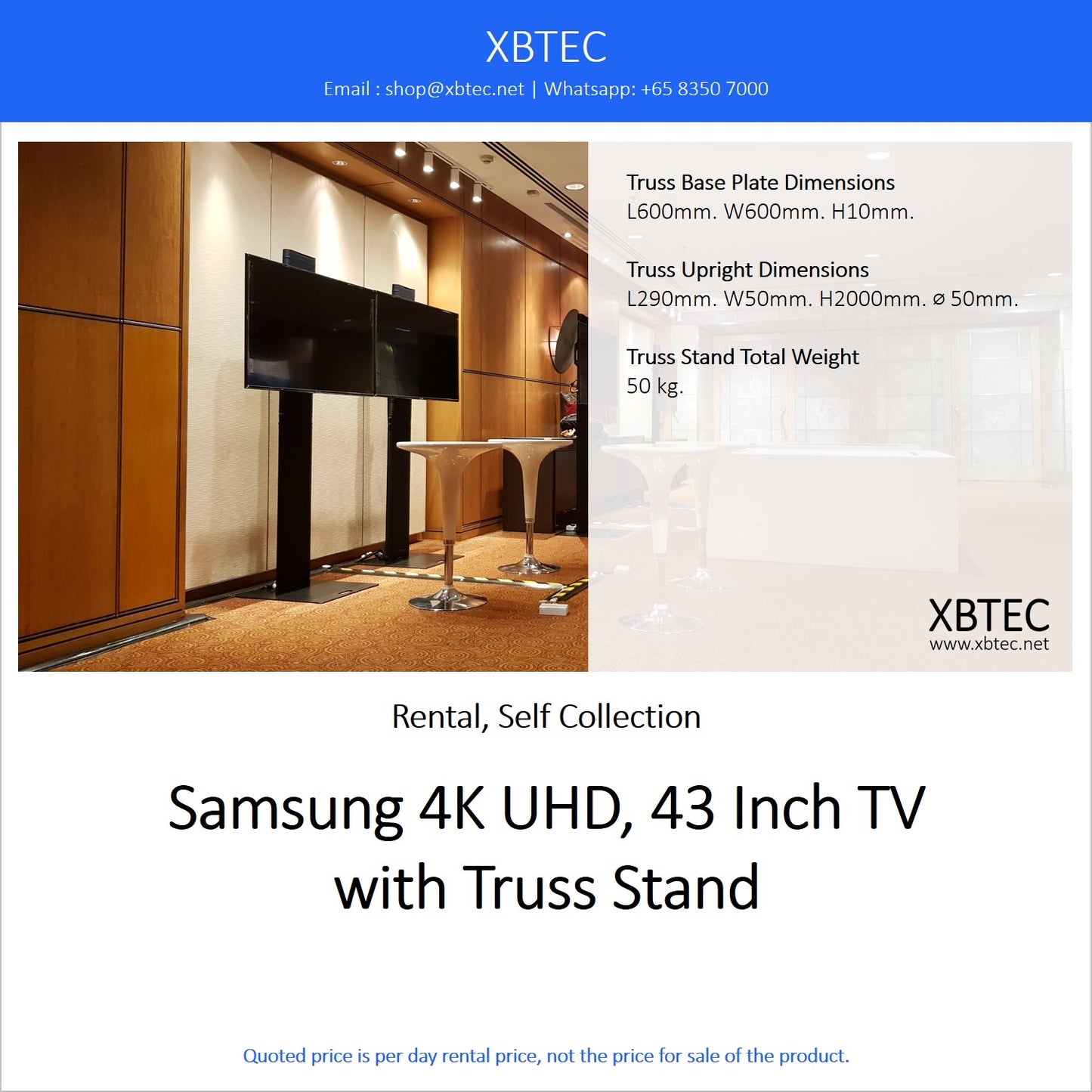 (Rental, Self Collection) Samsung 4K UHD, 43 Inch TV with Truss Stand