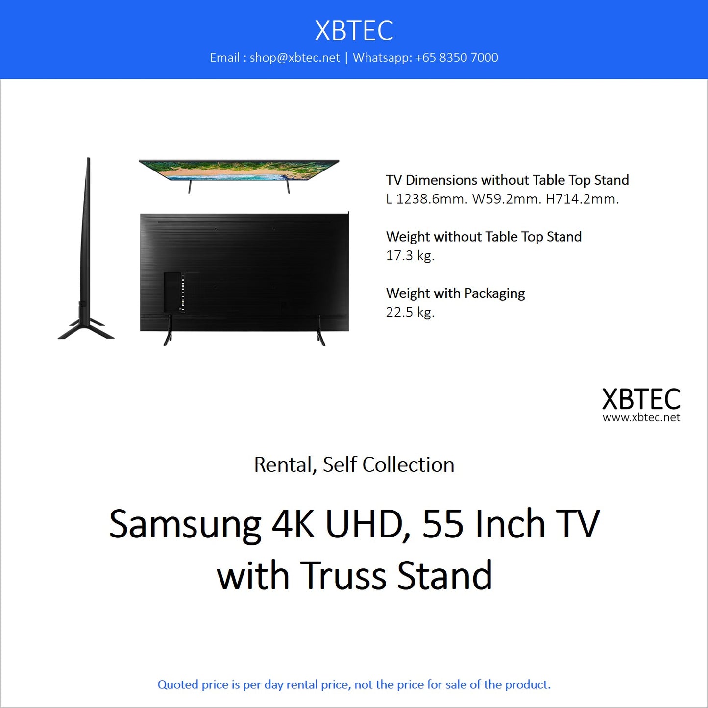 (Rental, Self Collection) Samsung 4K UHD, 55 Inch TV with Truss Stand