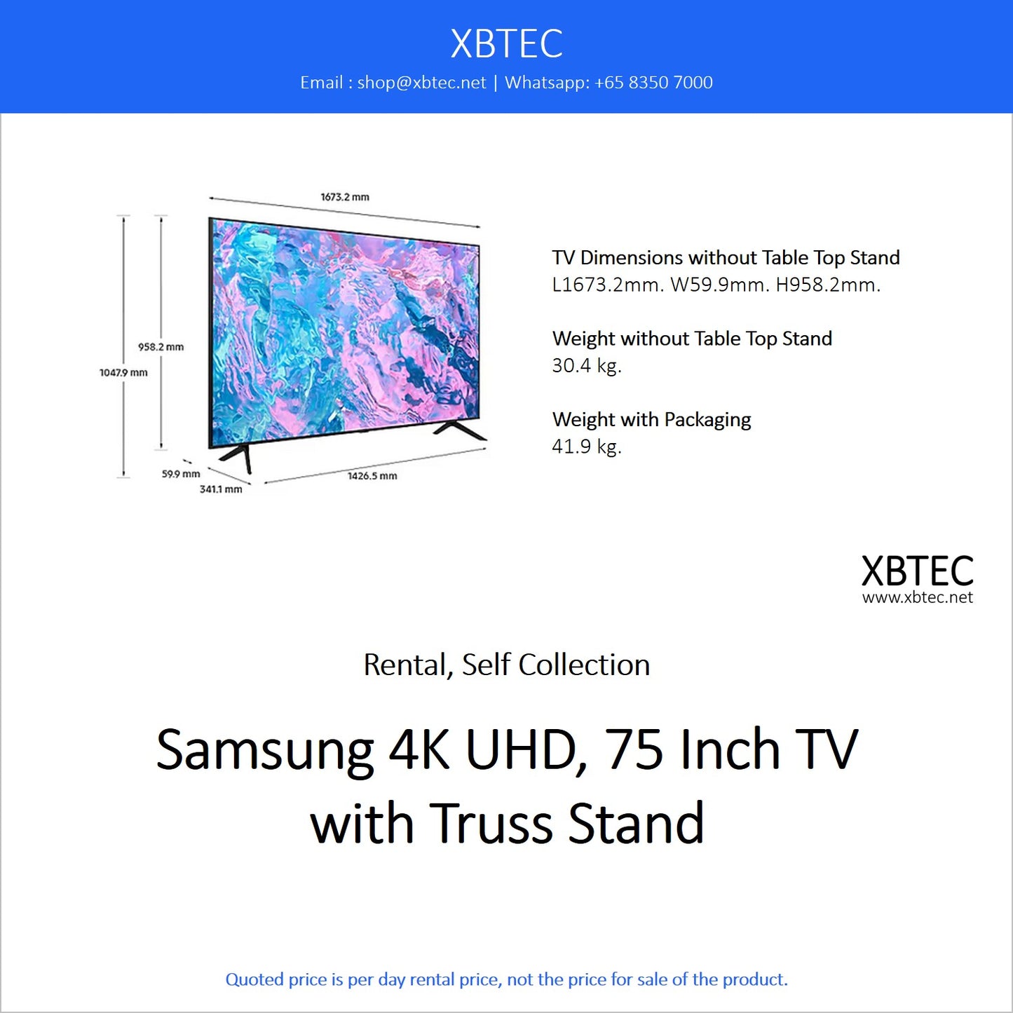 (Rental, Self Collection) Samsung 4K UHD, 75 Inch TV with Truss Stand