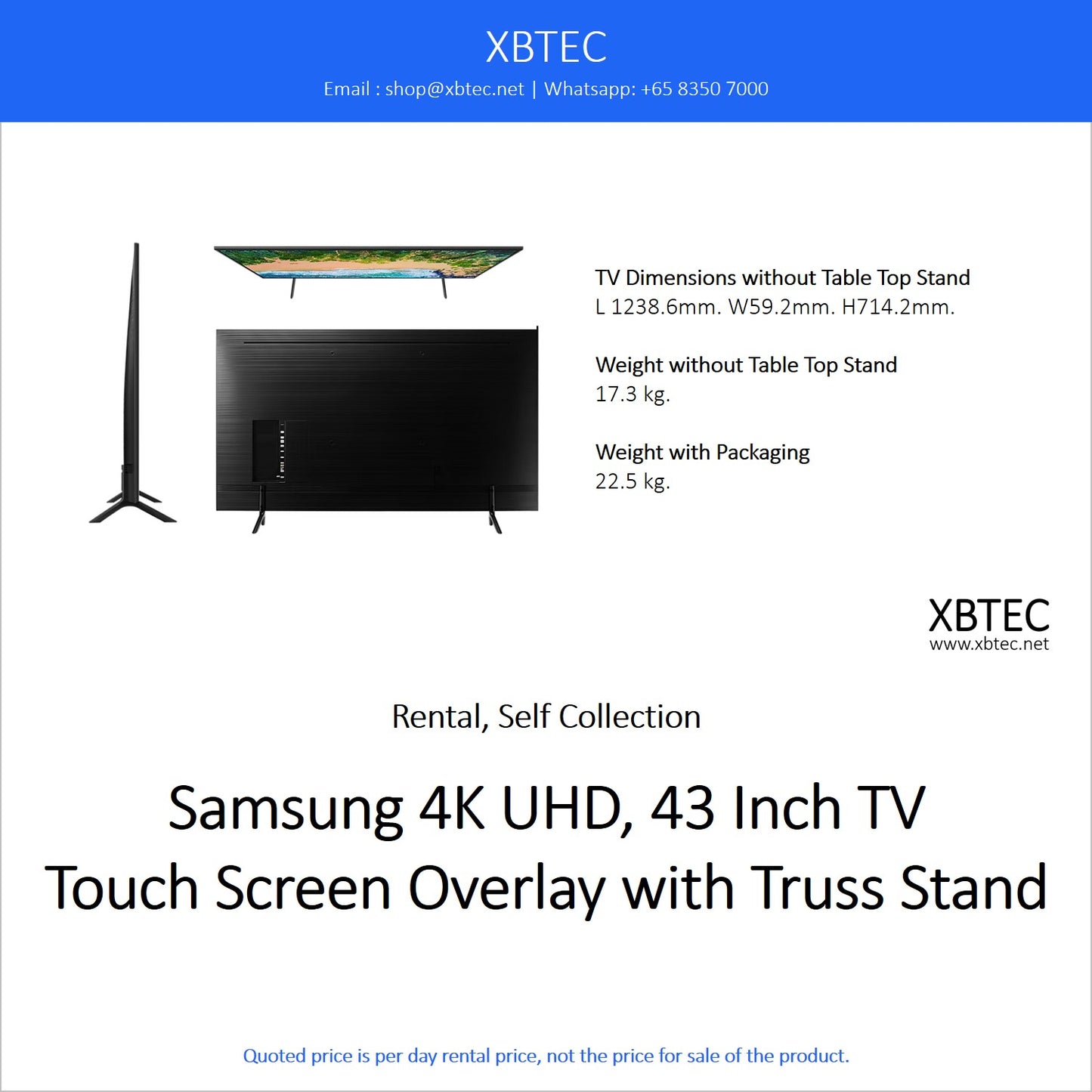 (Rental, Self Collection) Samsung 4K UHD, 43 Inch TV Touch Screen Overlay with Truss Stand