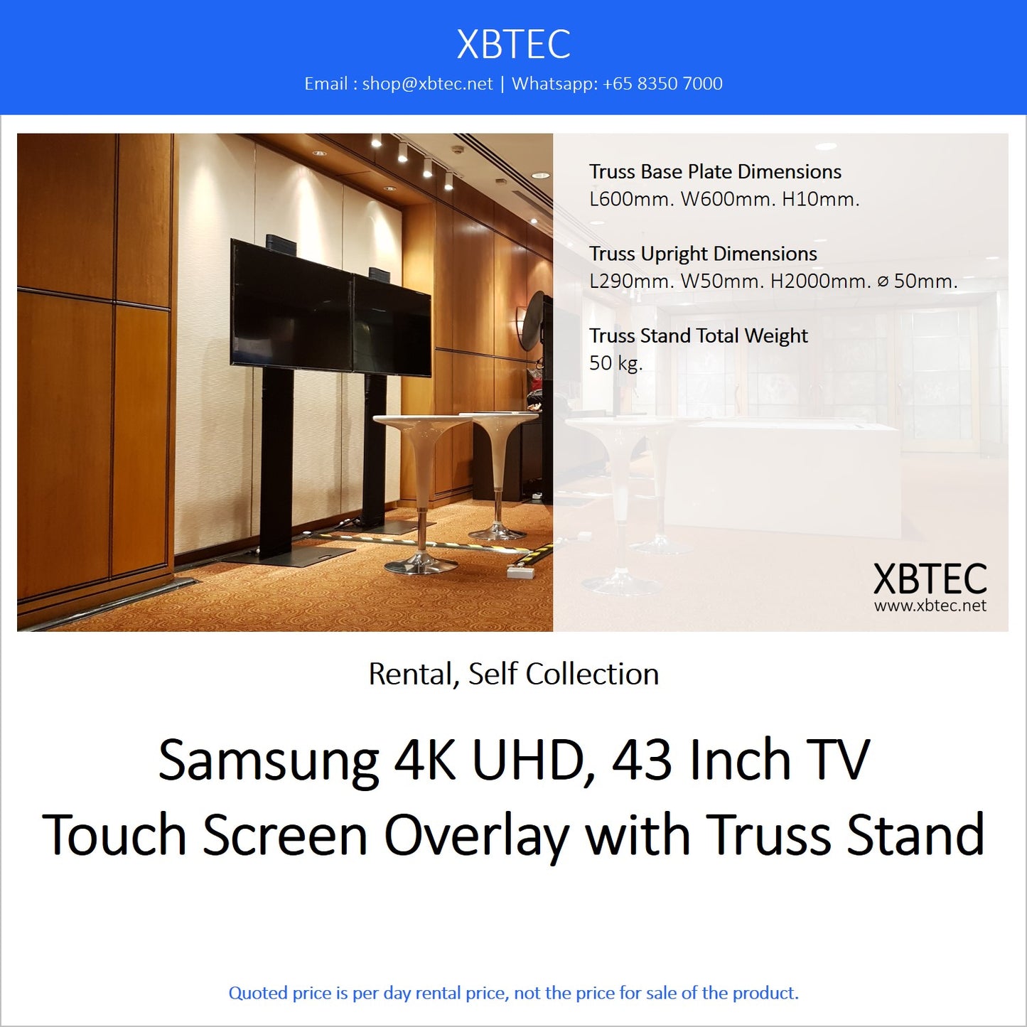 (Rental, Self Collection) Samsung 4K UHD, 43 Inch TV Touch Screen Overlay with Truss Stand