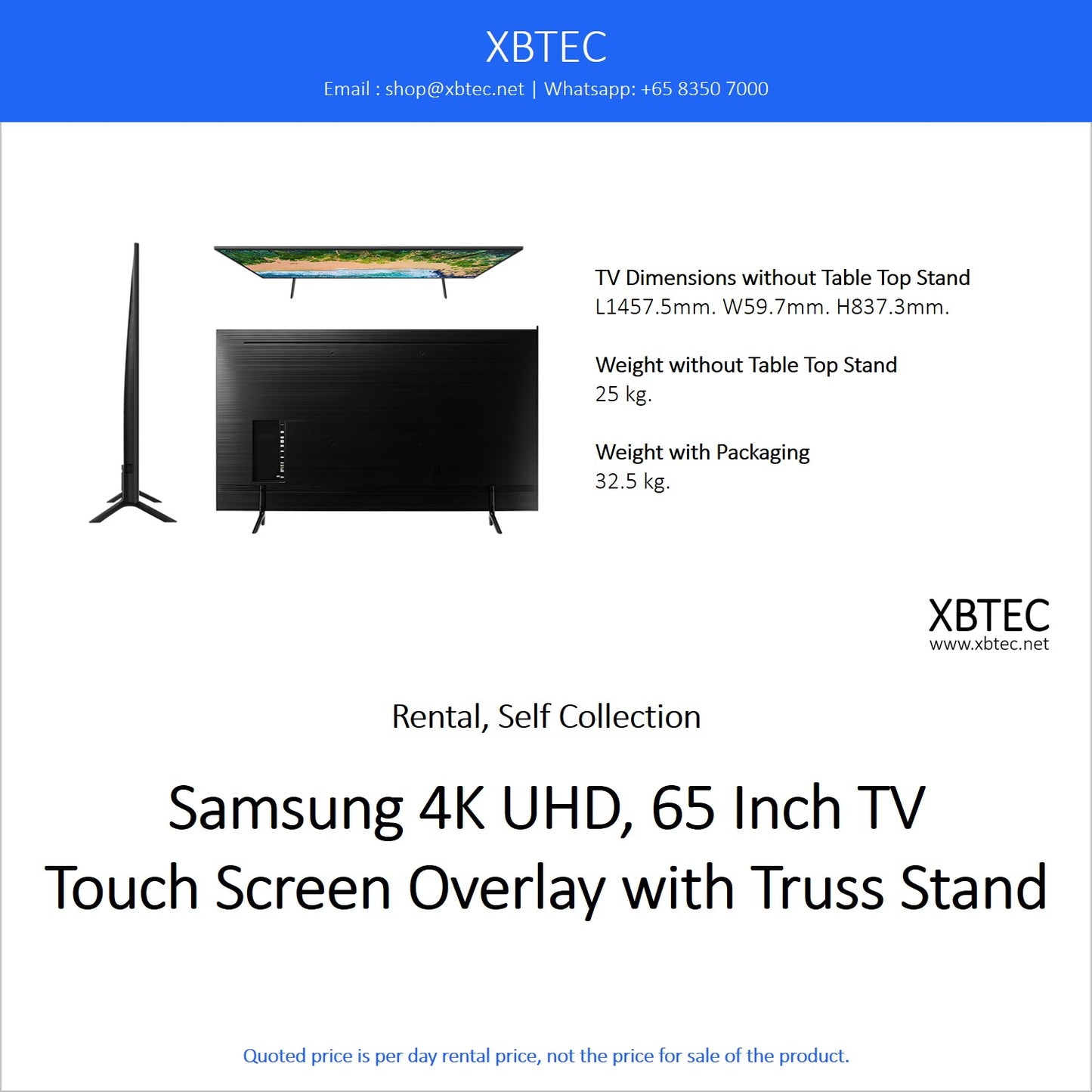 (Rental, Self Collection) Samsung 4K UHD, 65 Inch TV Touch Screen Overlay with Truss Stand