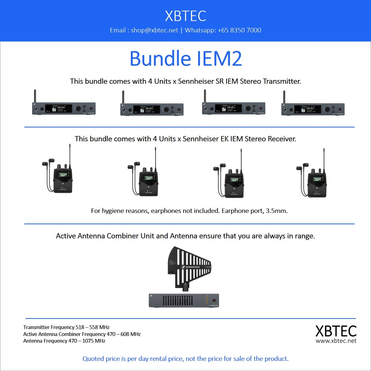 (Rental, Self Collection) Bundle IEM02. Sennheiser SR IEM G4 Stereo Transmitter. Sennheiser EK IEM G4 Stereo Receiver. Sennheiser Antenna Combiner. Sennheiser Antenna.