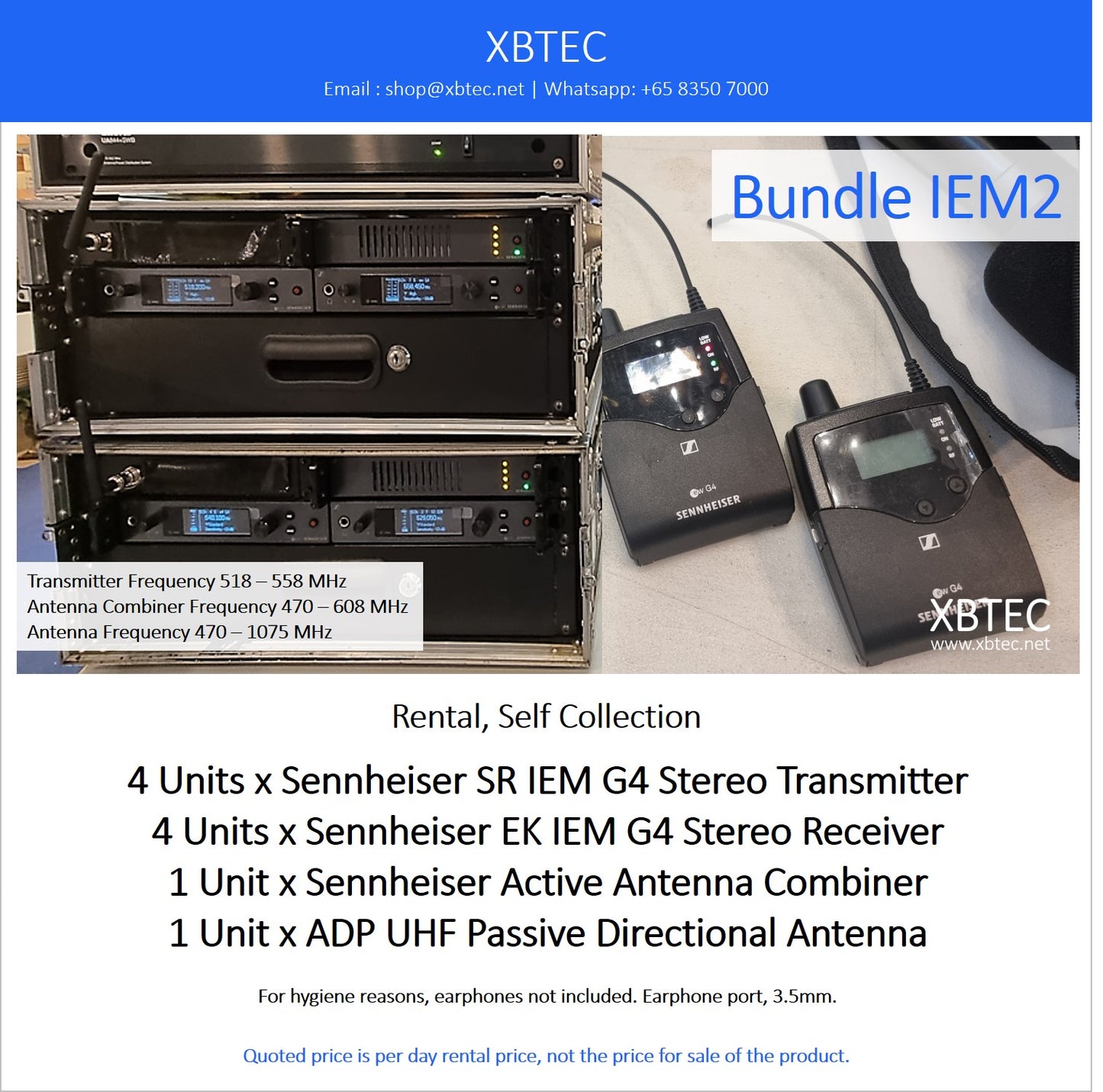 (Rental, Self Collection) Bundle IEM02. Sennheiser SR IEM G4 Stereo Transmitter. Sennheiser EK IEM G4 Stereo Receiver. Sennheiser Antenna Combiner. Sennheiser Antenna.