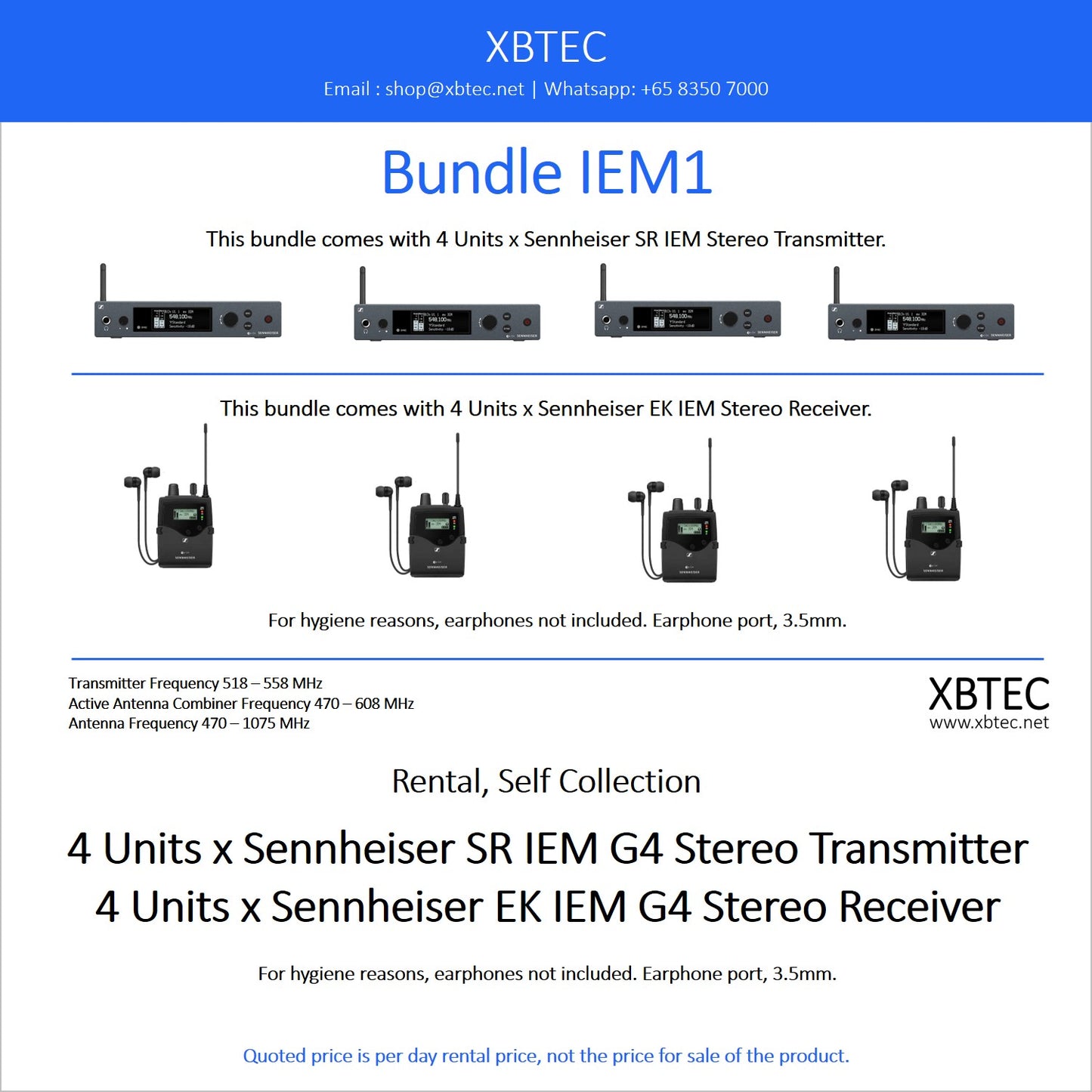 (Rental, Self Collection) Bundle IEM01. Sennheiser SR IEM G4 Stereo Transmitter. Sennheiser EK IEM G4 Stereo Receiver.