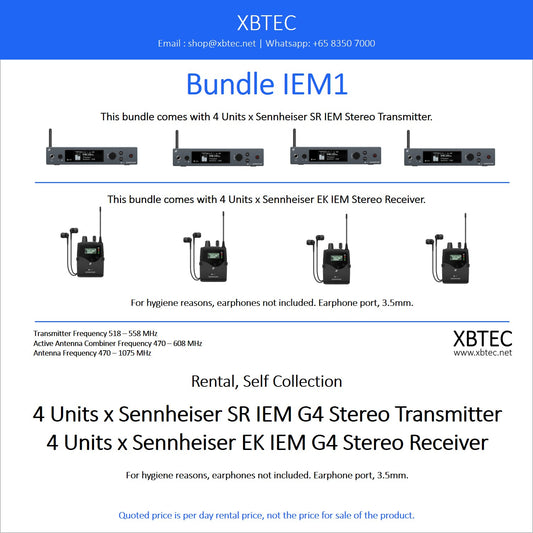 (Rental, Self Collection) Bundle IEM01. Sennheiser SR IEM G4 Stereo Transmitter. Sennheiser EK IEM G4 Stereo Receiver.