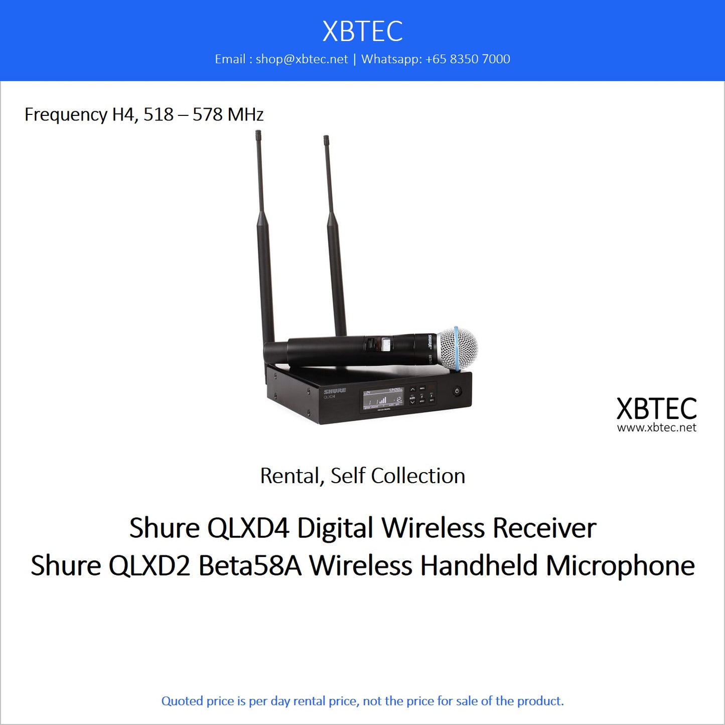 (Rental, Self Collection) Shure QLXD4 Digital Wireless Receiver with Shure Beta58A Wireless Handheld Microphone