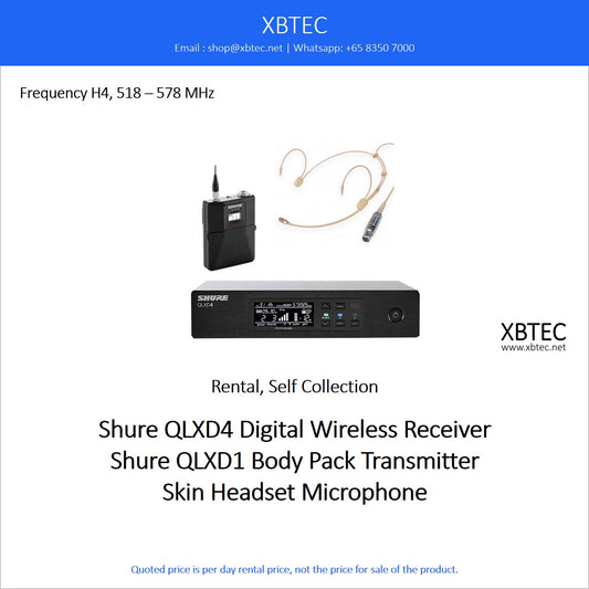 (Rental, Self Collection) Shure QLXD4 Digital Wireless Receiver with QLXD1 Body Pack Transmitter and Skin Headset Microphone