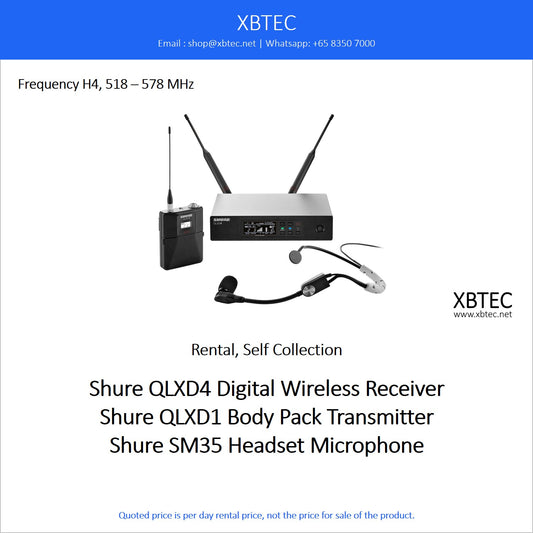 (Rental, Self Collection) Shure QLXD4 Digital Wireless Receiver with QLXD1 Body Pack Transmitter and Shure SM35 Headset Microphone