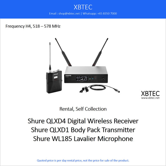 (Rental, Self Collection) Shure QLXD4 Digital Wireless Receiver with QLXD1 Body Pack Transmitter and Shure WL185 Lavalier Microphone