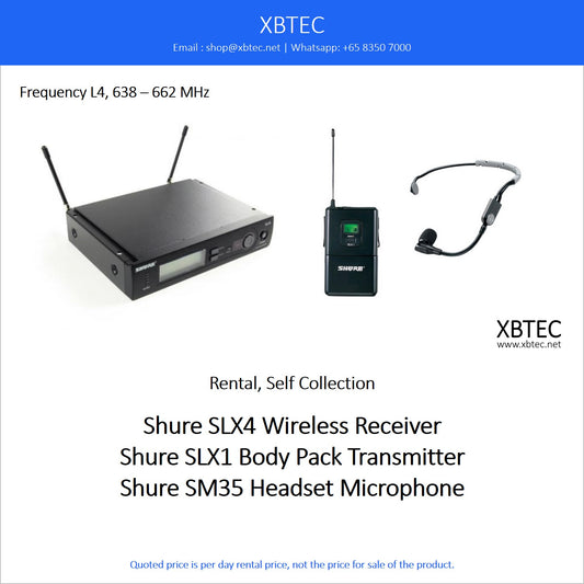 (Rental, Self Collection) Shure SLX4 Wireless Receiver with SLX1 Body Pack Transmitter and Shure SM35 Headset Microphone