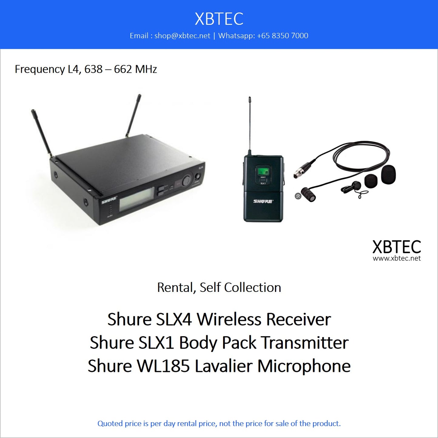 (Rental, Self Collection) Shure SLX4 Wireless Receiver with SLX1 Body Pack Transmitter and Shure WL185 Microphone