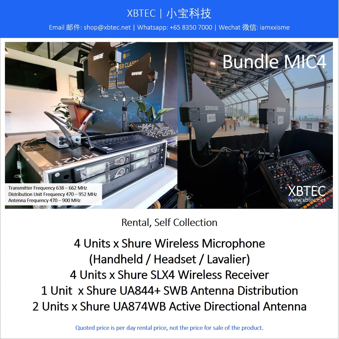 (Rental, Self Collection) Bundle MIC04. Shure SLX4 Wireless Receivers. Choice of Shure Microphones. Shure Antenna Distribution Unit. Shure Active Directional Antennas.