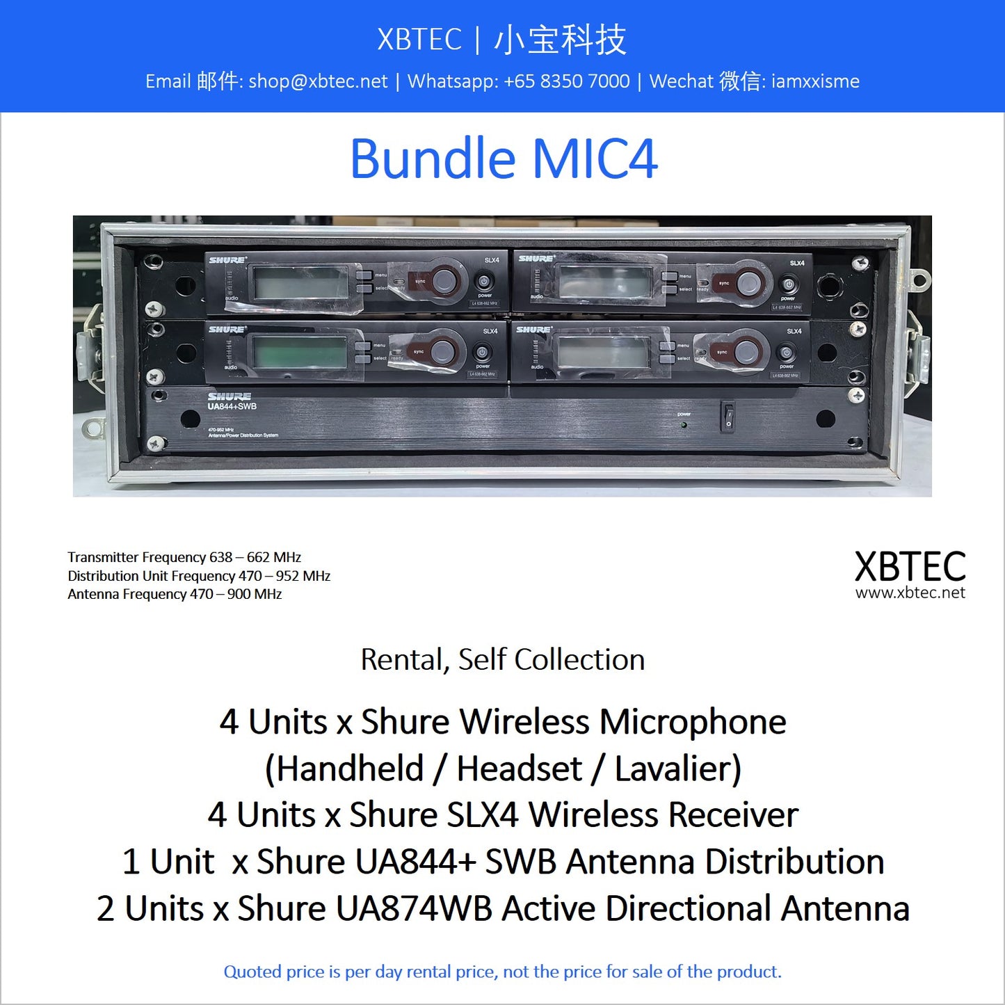 (Rental, Self Collection) Bundle MIC04. Shure SLX4 Wireless Receivers. Choice of Shure Microphones. Shure Antenna Distribution Unit. Shure Active Directional Antennas.