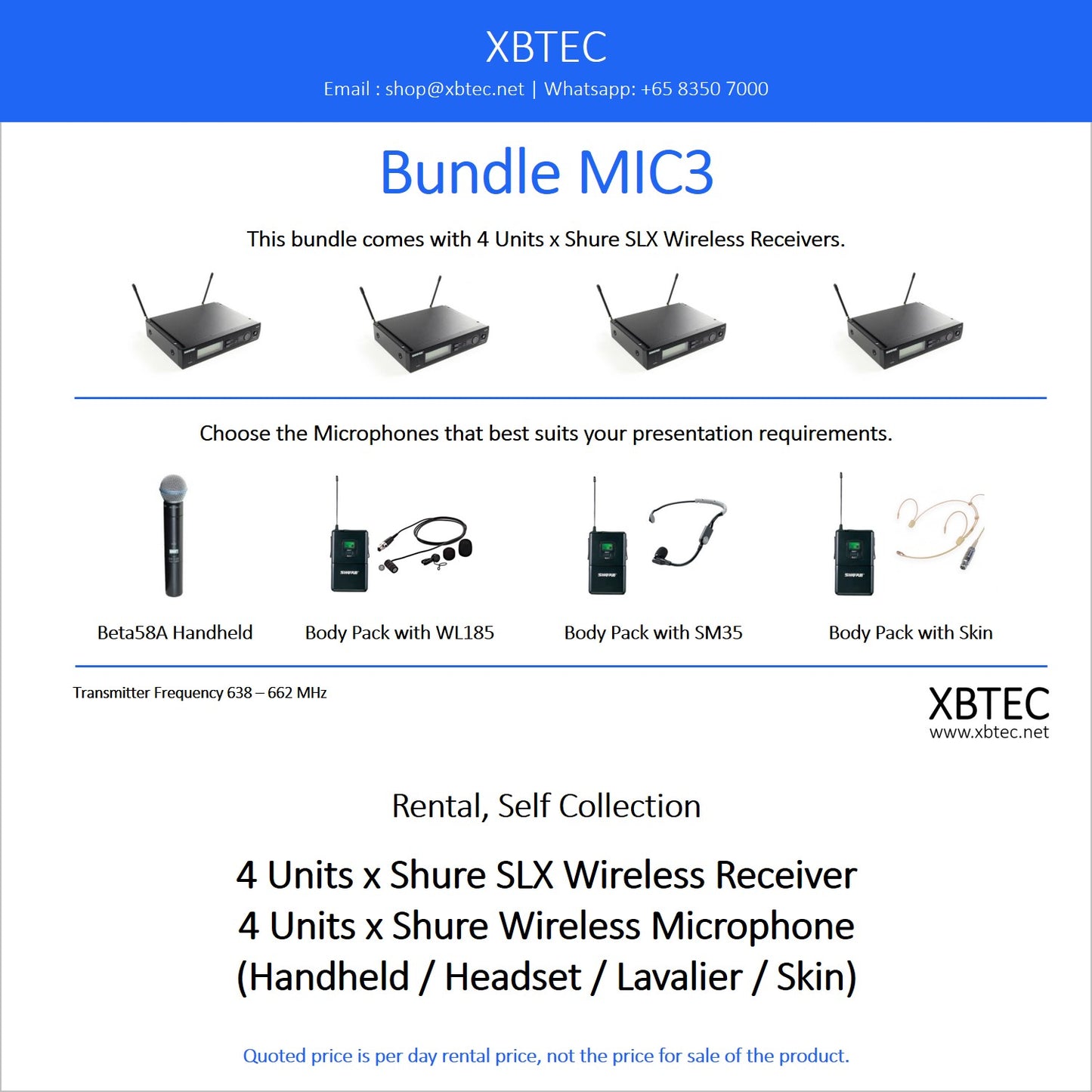 (Rental, Self Collection) Bundle MIC03. Shure SLX4 Wireless Receivers. Choice of Shure Microphones.