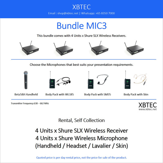 (Rental, Self Collection) Bundle MIC03. Shure SLX4 Wireless Receivers. Choice of Shure Microphones.