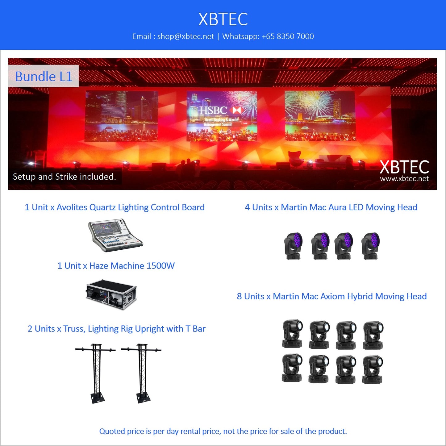 (Rental, Setup and Strike Included, Stage Lighting | 租赁, 包含安装及拆收, 舞台灯光) Bundle L01. Avolites Quartz. Haze Machine. Martin Mac Aura LED Moving Head. Martin Axiom Hybrid Moving Head.