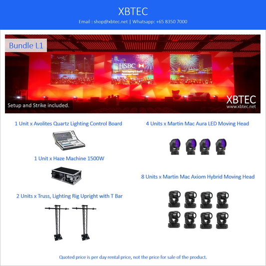 (Rental, Setup and Strike Included) Bundle L01. Avolites Quartz. Haze Machine. Martin Mac Aura LED Moving Head. Martin Axiom Hybrid Moving Head.