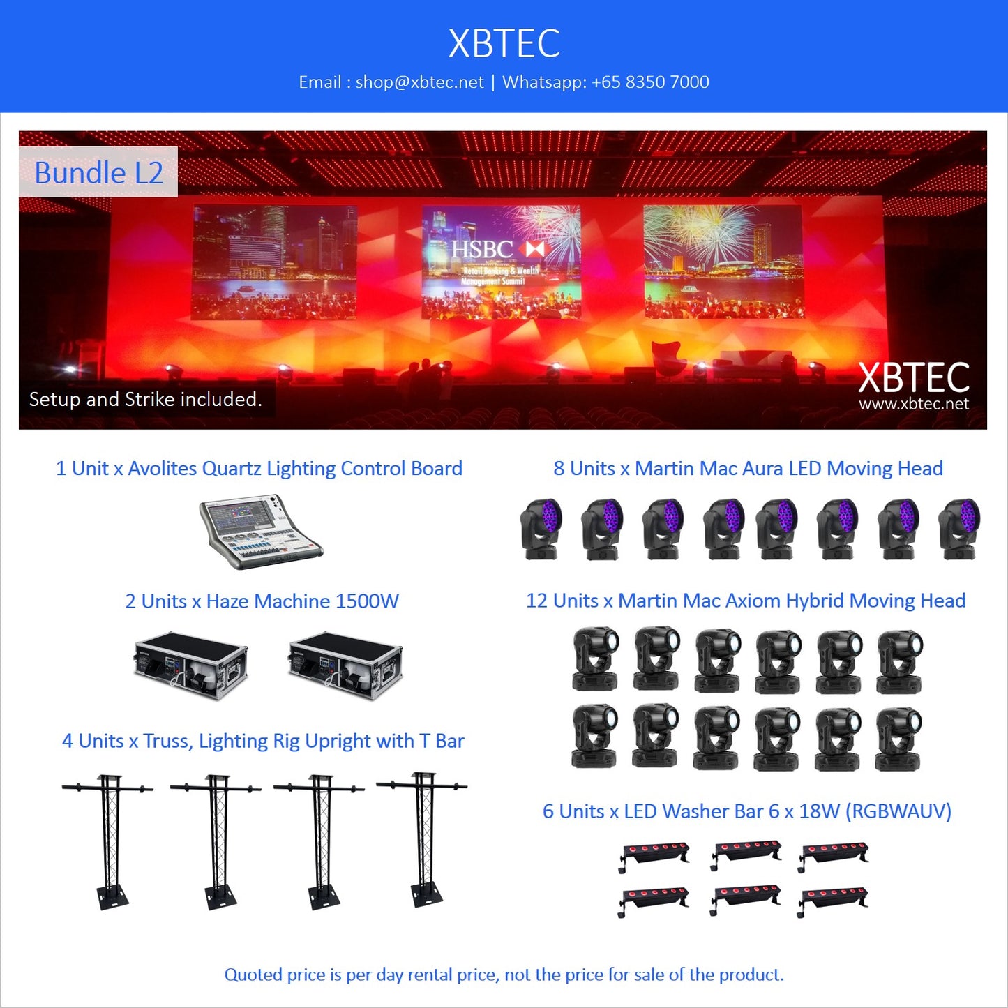 (Rental, Setup and Strike Included) Bundle L02. Avolites Quartz. Haze Machine. Martin Mac Aura LED Moving Head. Martin Axiom Hybrid Moving Head. LED Washer.
