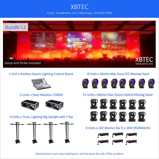 (Rental, Setup and Strike Included) Bundle L02. Avolites Quartz. Haze Machine. Martin Mac Aura LED Moving Head. Martin Axiom Hybrid Moving Head. LED Washer.